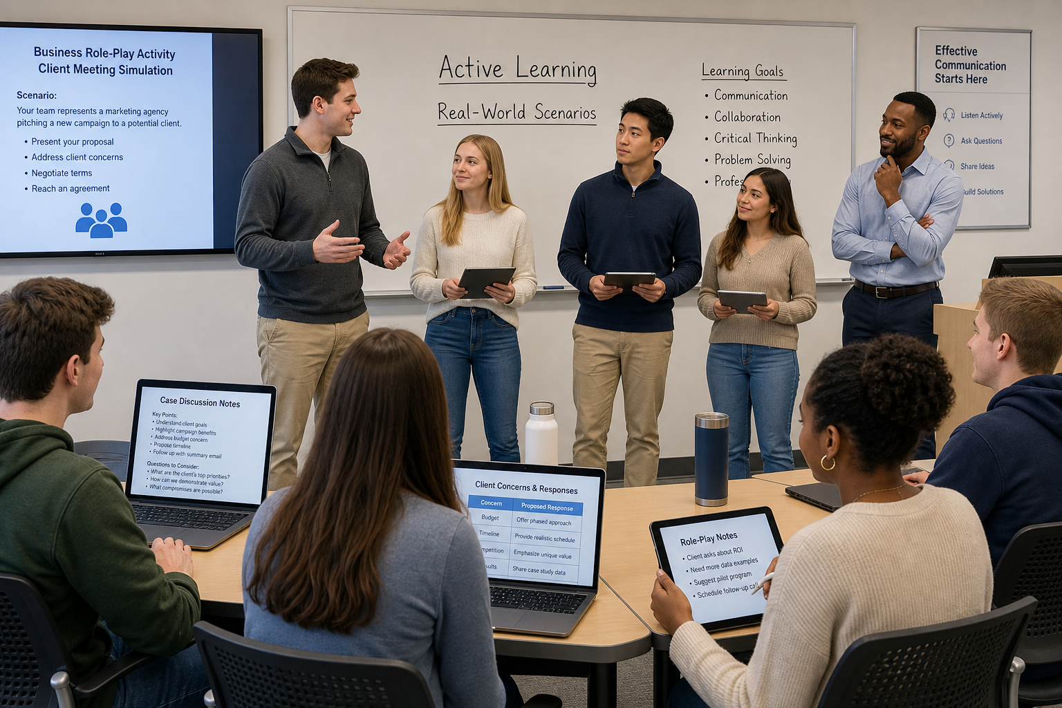 Business Communication Today Market Leader - Students participate in a classroom role-play simulating a business scenari