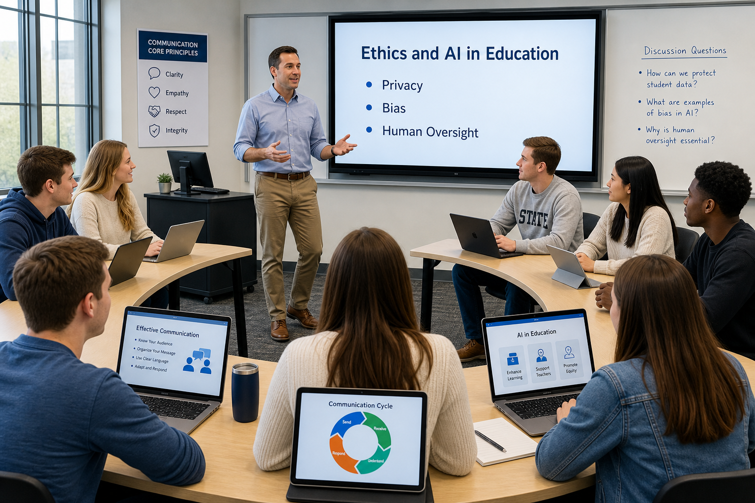 Student-friendly AI Usage Framework - A college instructor presents on 'Ethics and AI in Education' to a diverse group o