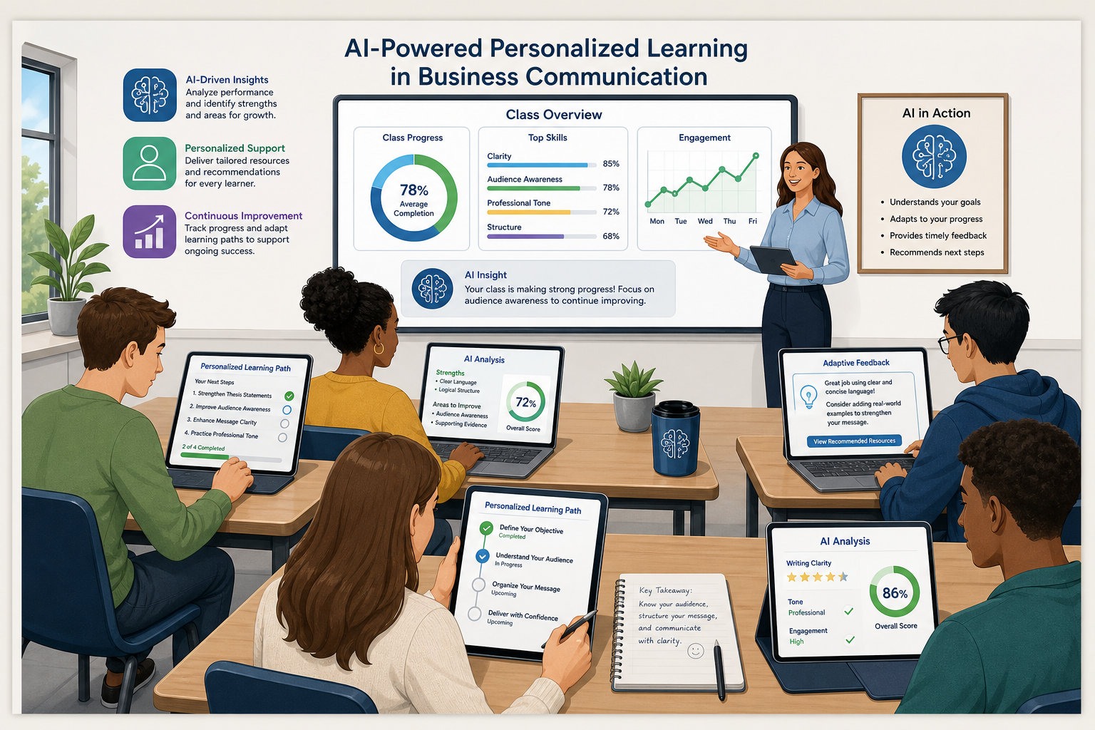 Student-friendly AI Usage Framework - Illustration of students in a business communication classroom using AI tools for