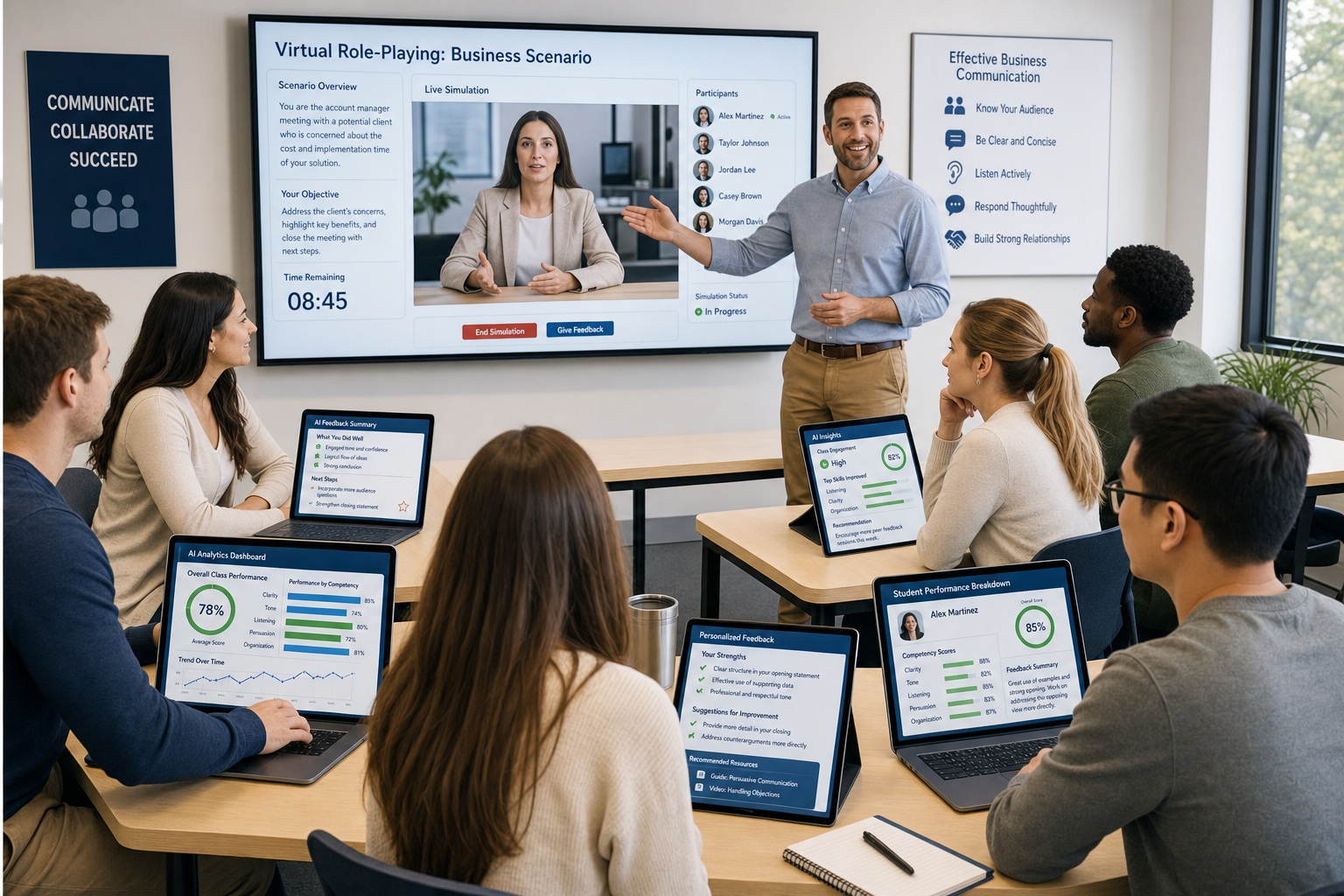 AI Redefining Business Communication - Photograph of a modern business communication classroom with a diverse group of s