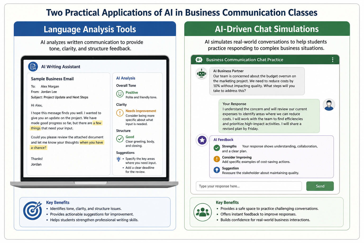 Diagram showing AI-powered language analysis and chat simulations as practical tools to develop student business communication skills, supporting the theme of AI redefining business communication.