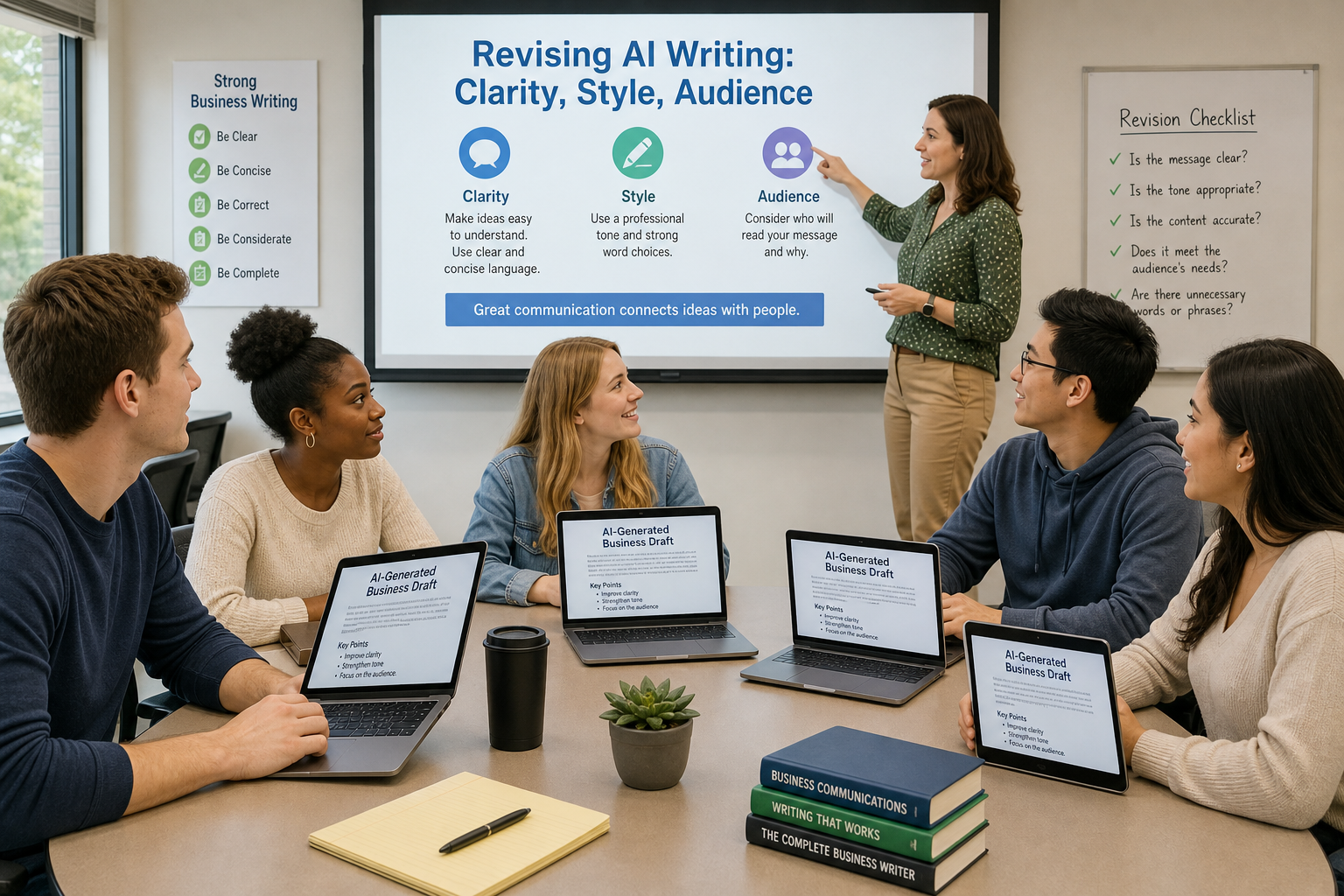 Revise AI Writing in Business Communication - Photograph of a business communication classroom where a diverse group of students collaborate to evaluate and revise AI-generated business writing