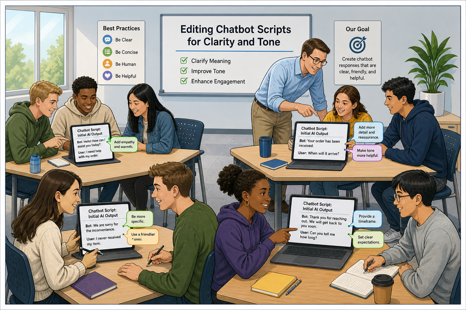 Revise AI Writing in Business Communication - Illustration of students in a classroom working together to AI-generated chatbot scripts for professional business communication