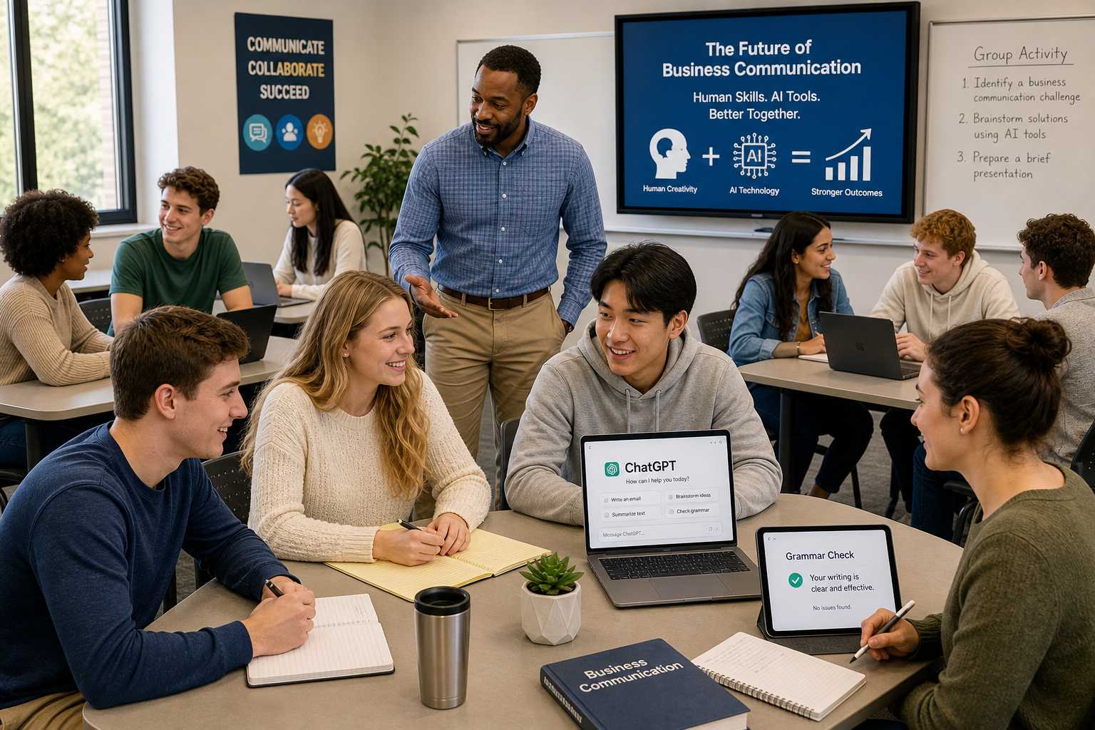 Differentiate Human and AI Writing Skills - Photograph of students collaborating on both human writing skills and AI-ass