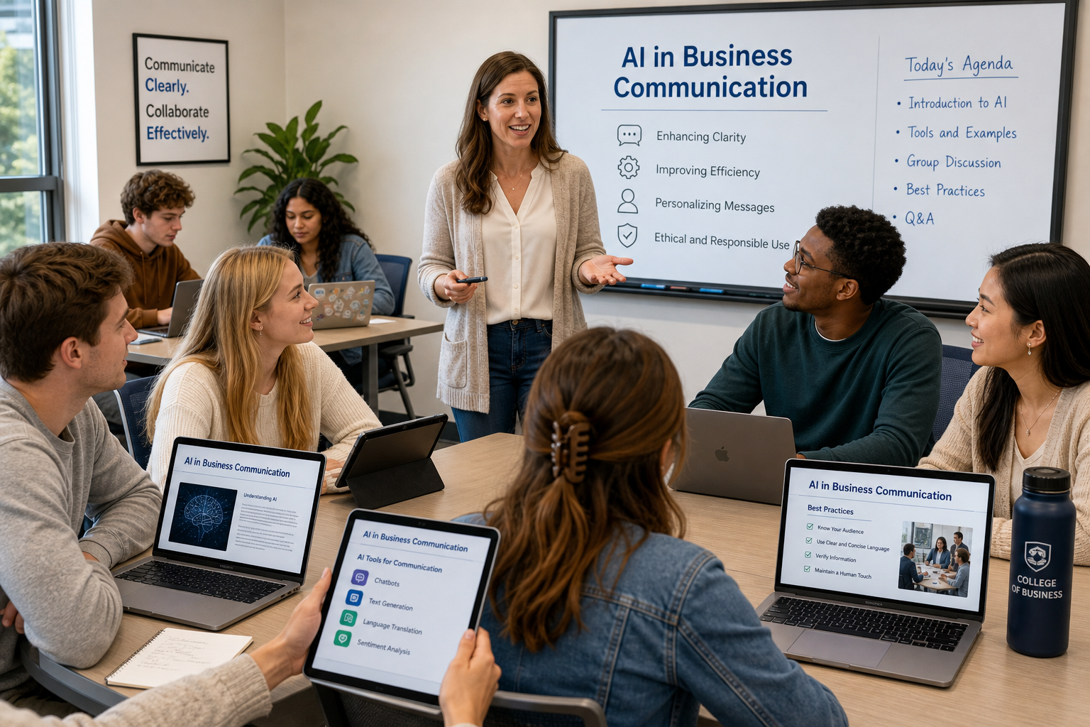 Minimum AI Knowledge for Assignments - Photograph of a diverse group of students and a business-casual instructor engagi
