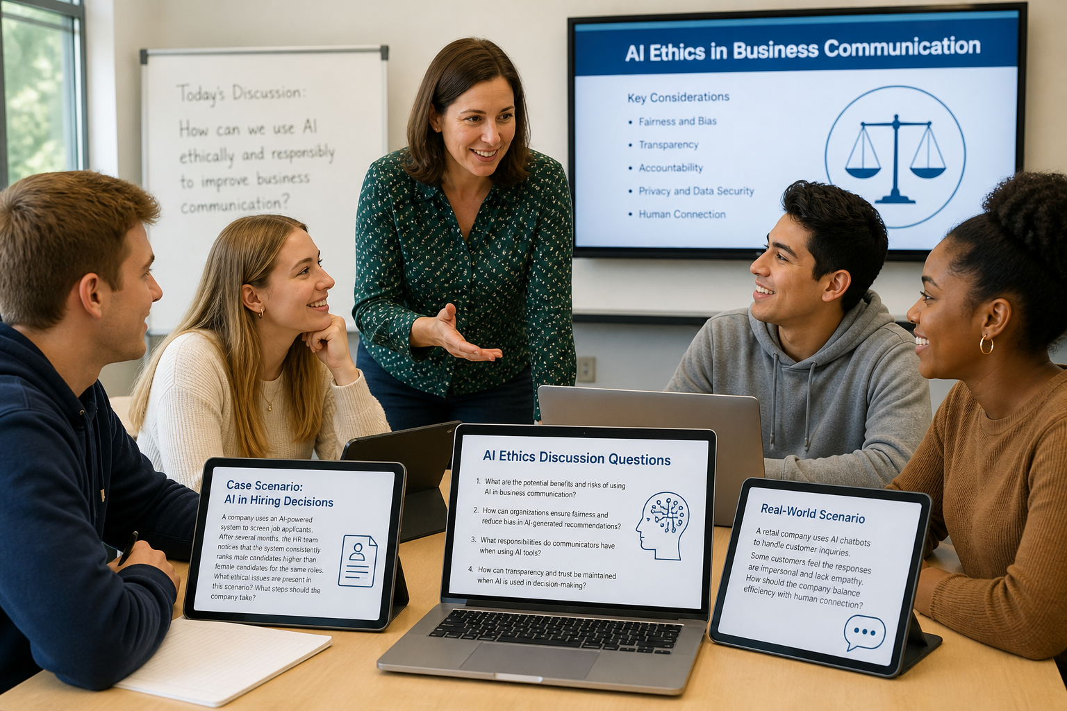 A group of students and an instructor discuss AI ethics case scenarios and reflective discussion questions from a business communication textbook, exemplifying active engagement with AI ethics discussion questions.