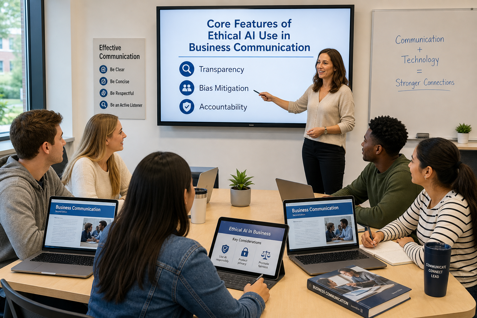 Ethical AI Usage in Business Communication - Photograph of a diverse group of students and an instructor in a business c