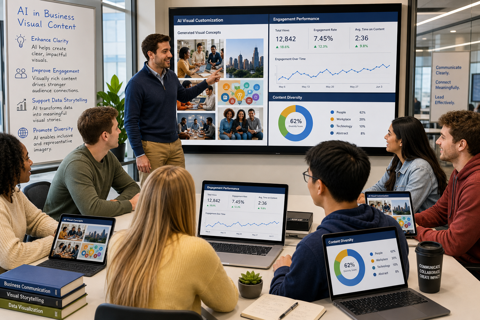 A diverse group of business communication students and an instructor review AI-generated business visual content and analytics displayed on digital screens, illustrating the transformative impact of AI in business visual content.