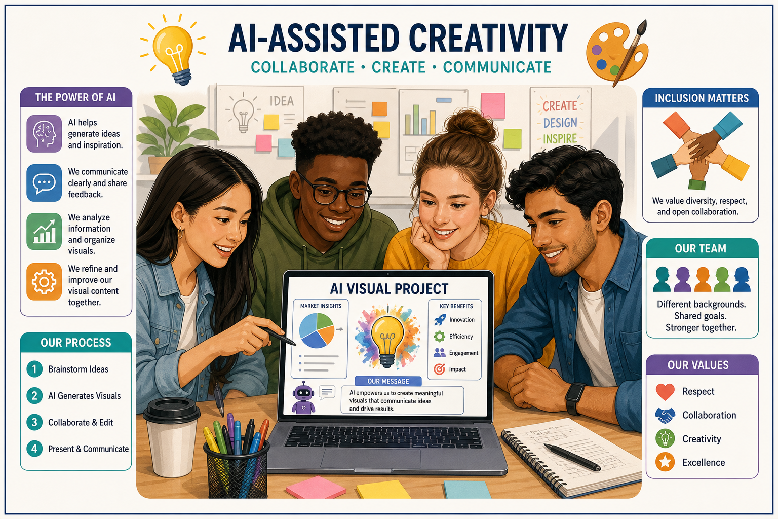 Illustration of a diverse student team collaborating on an AI-generated visual project, highlighting practical applications of AI in business visual content and classroom engagement.