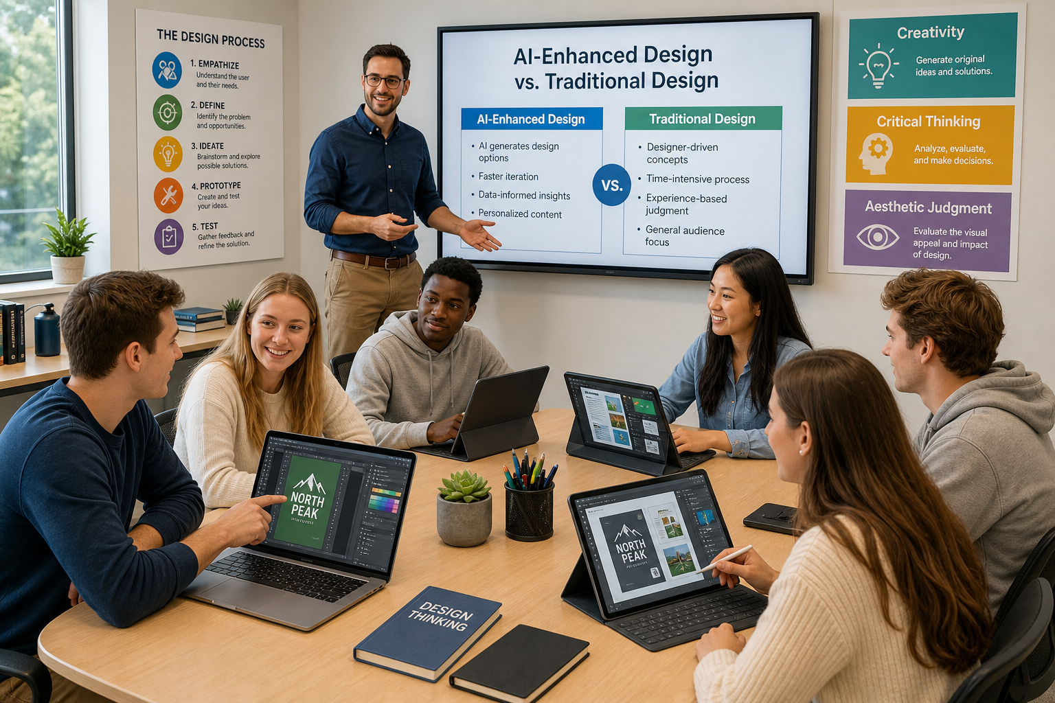 AI Visual Revolution in Design - Photograph showing a diverse business communication classroom where students and an instructor