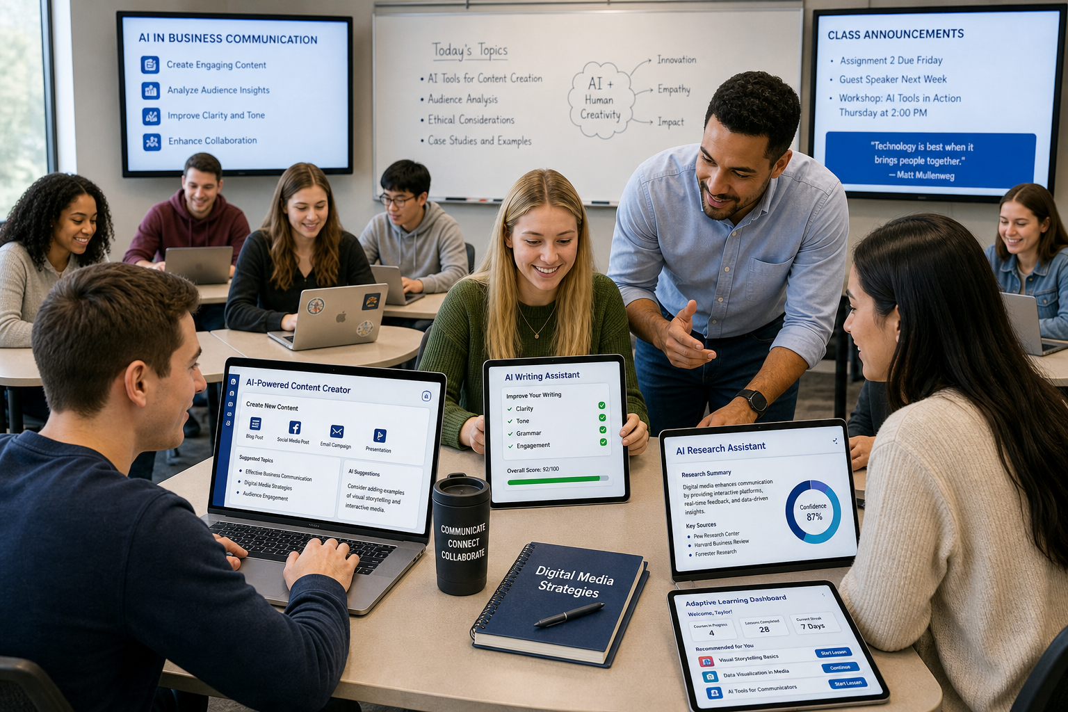 Teach Digital Media in AI Age - Photograph of a diverse group of college students using laptops and tablets in a digital media classroom