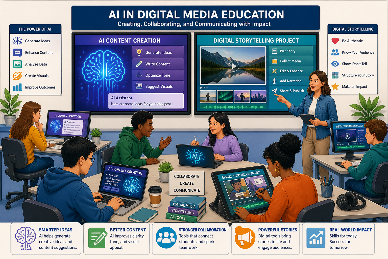 Teach Digital Media in AI Age - Illustration of students conducting AI-driven content creation and digital storytelling