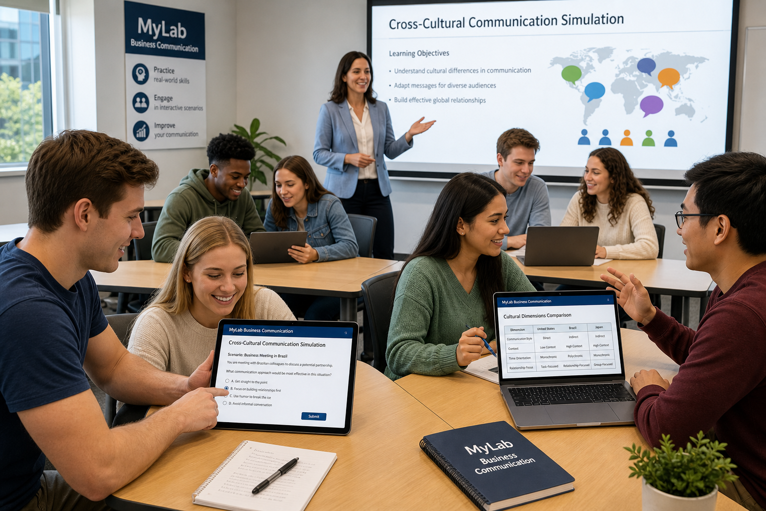 International and Intercultural Communication Coverage - Photograph of a diverse group of students using MyLab Business