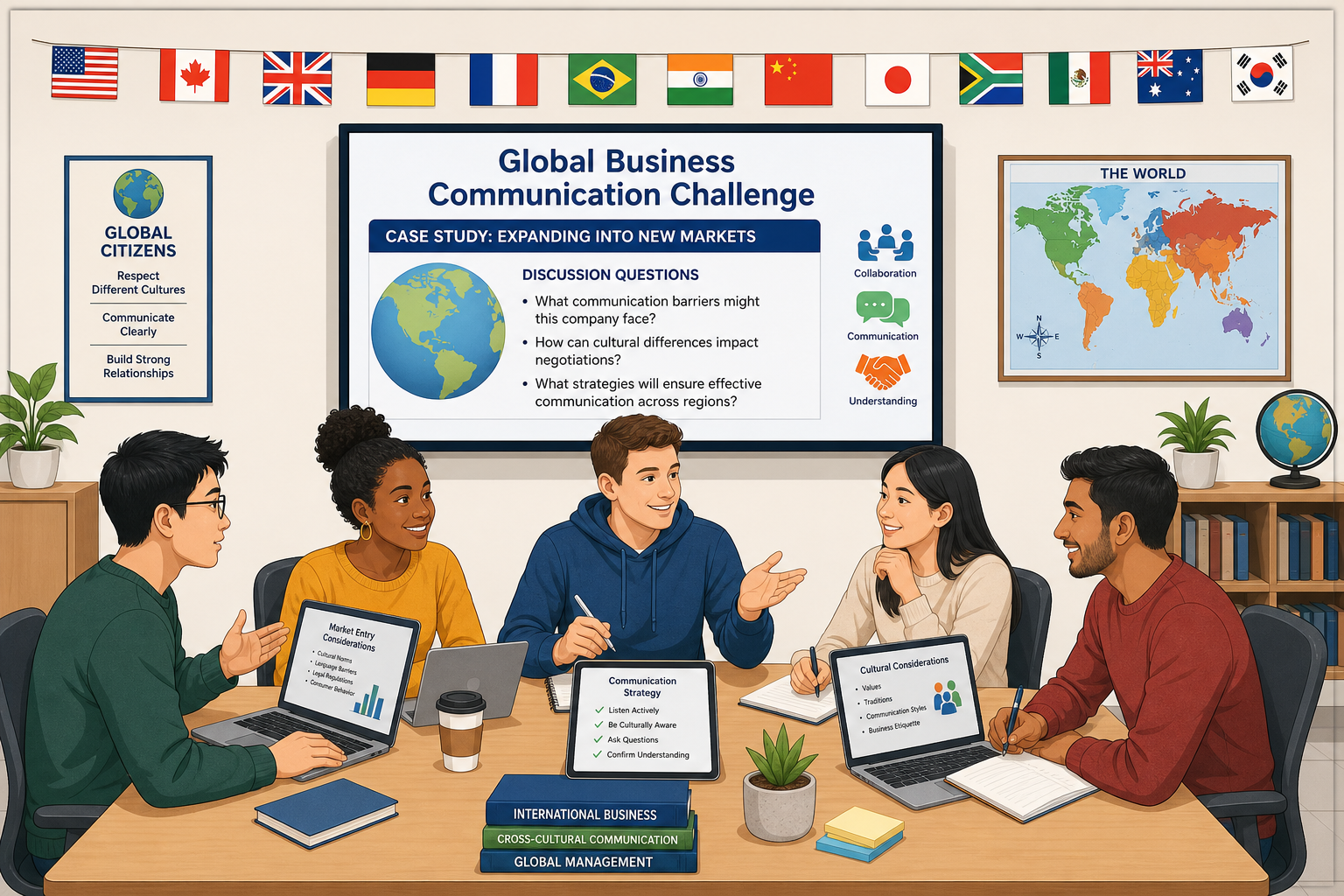 International and Intercultural Communication Coverage - Illustration of diverse students working together to solve an i