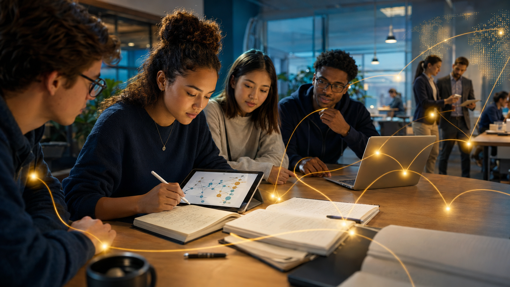Students collaborate around notebooks, a tablet, and a laptop as glowing pathways symbolize attention, active learning, memory, and workplace application.
