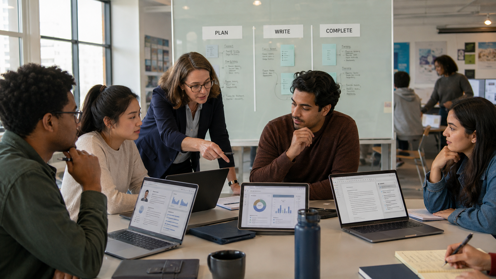 Students and an instructor apply the Three-Step Writing Process, research evidence, visual communication, and responsible AI to a workplace challenge.