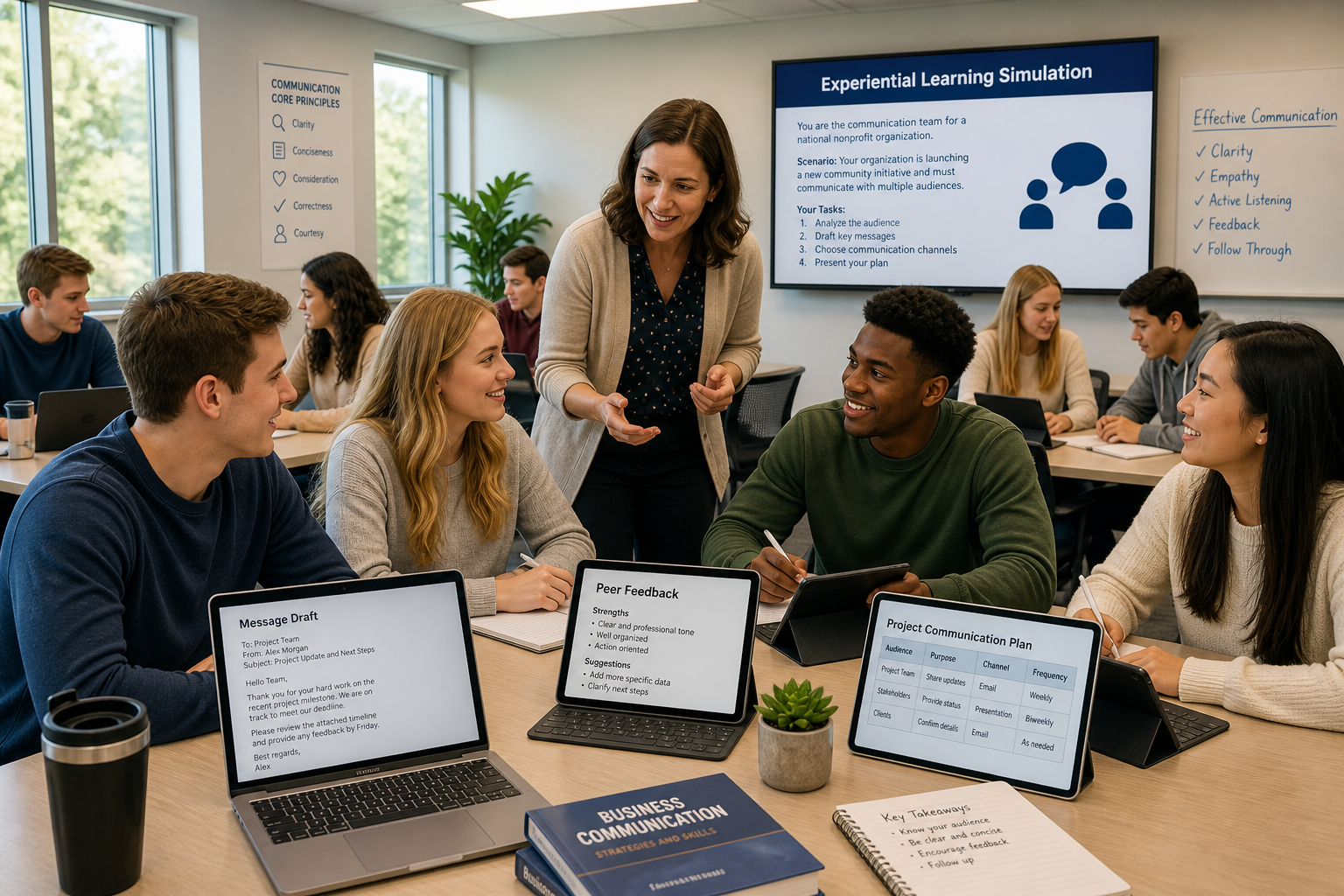 Pedagogical Approaches in Communication - Photograph of a diverse group of college students and their instructor engagin