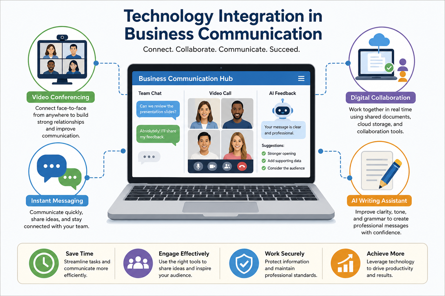 Pedagogical Approaches in Communication - Illustration of a laptop displaying business communication software with digit