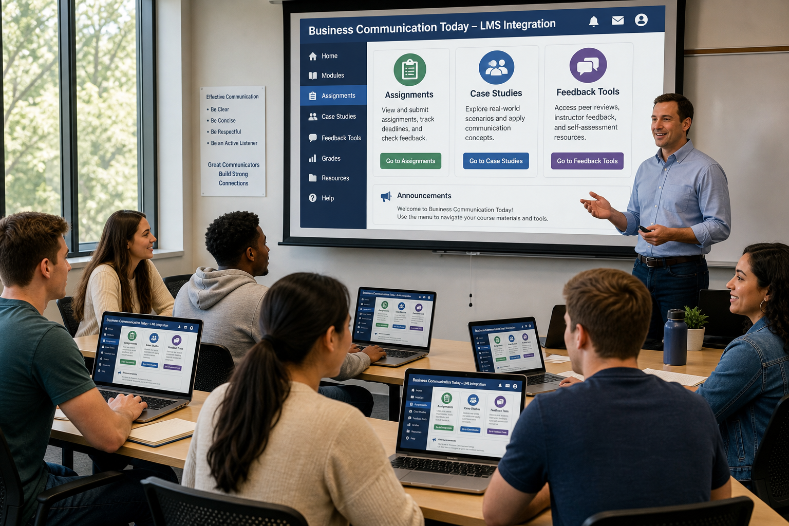 Integrate Business Communication Today - Photograph of a college classroom engaging with the LMS integration of Business