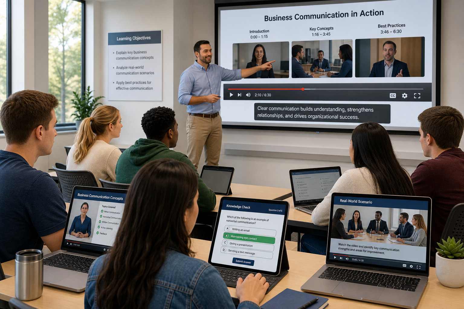 Business Communication Tutorials - Photograph of a diverse college classroom with students using laptops and tablets to