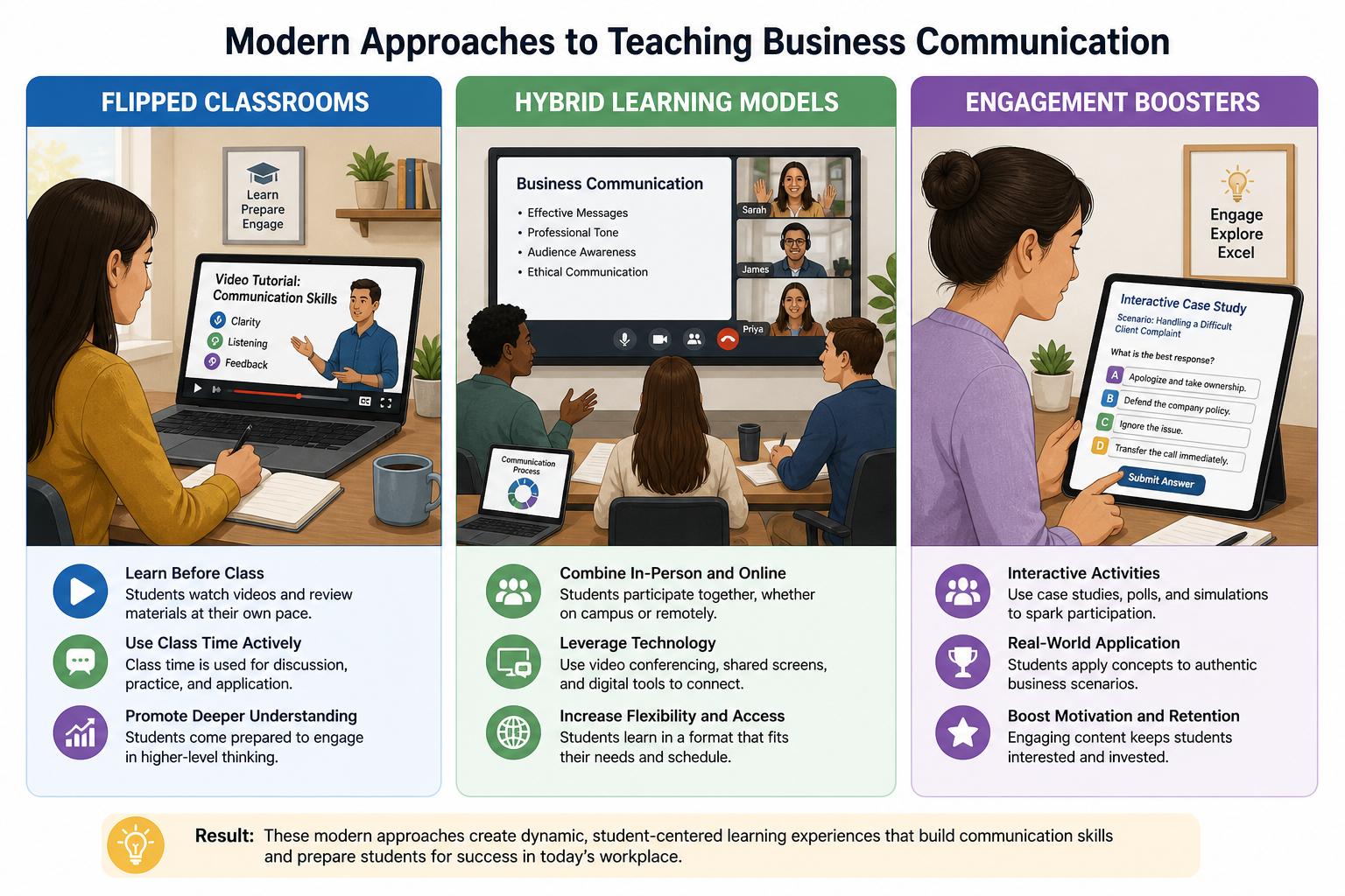 Business Communication Tutorials - Illustration depicting three classroom scenarios—flipped learning, hybrid models, and