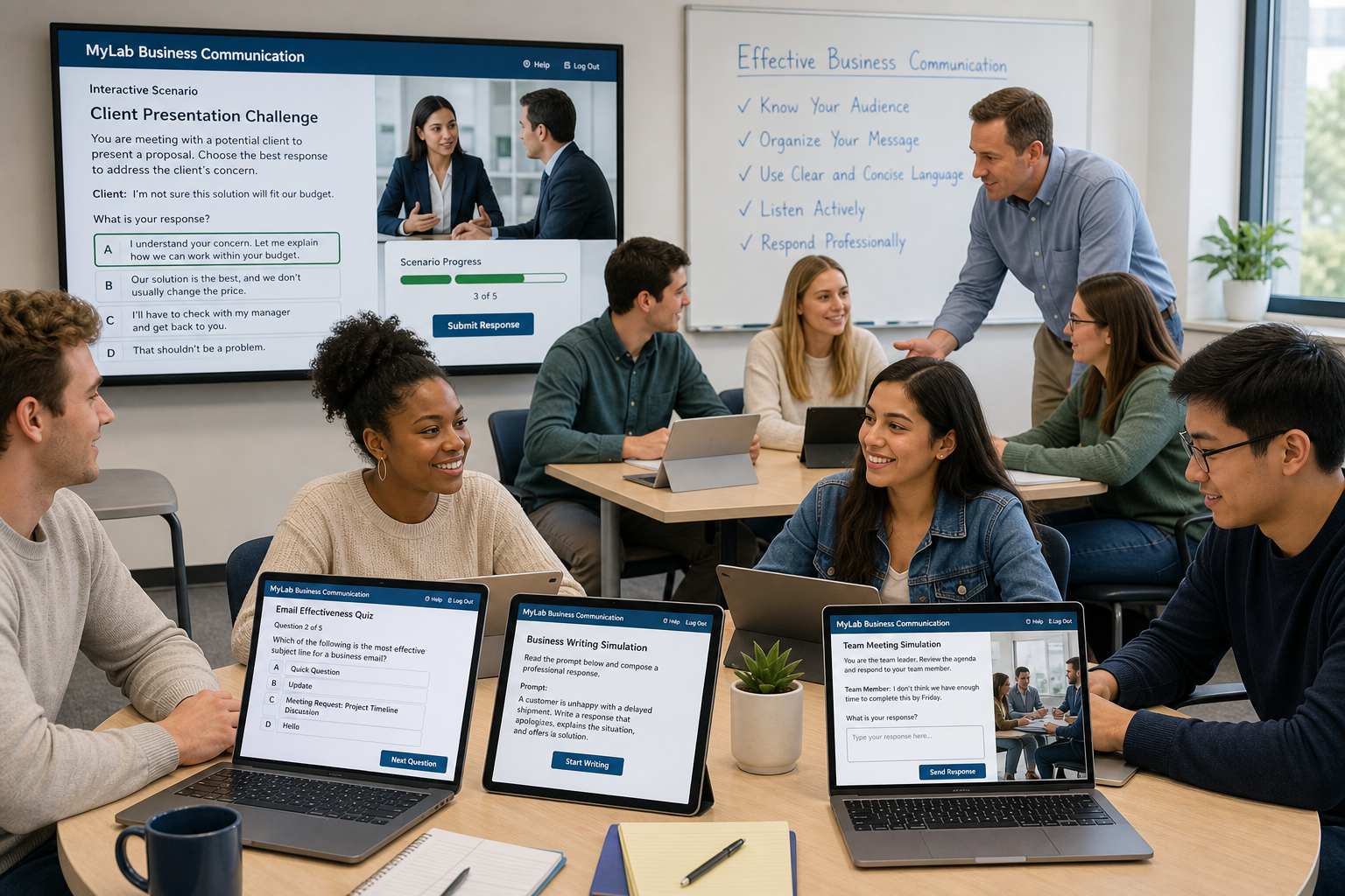 Digital Resources for Business Communication - Photograph of a diverse group of students collaboratively using the MyLab