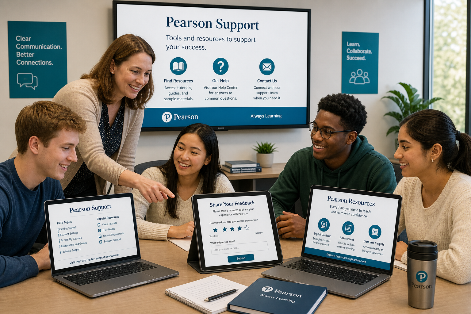Pearson Feedback and Support System - Photograph showing educators and students using Pearson's digital support resource