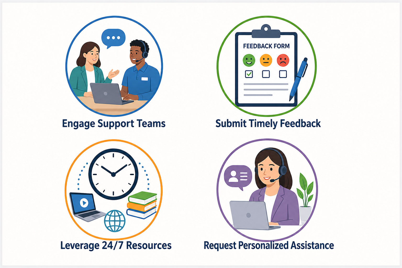 Pearson Feedback and Support System - Icon set showing four best practices for using Pearson's support: engaging support