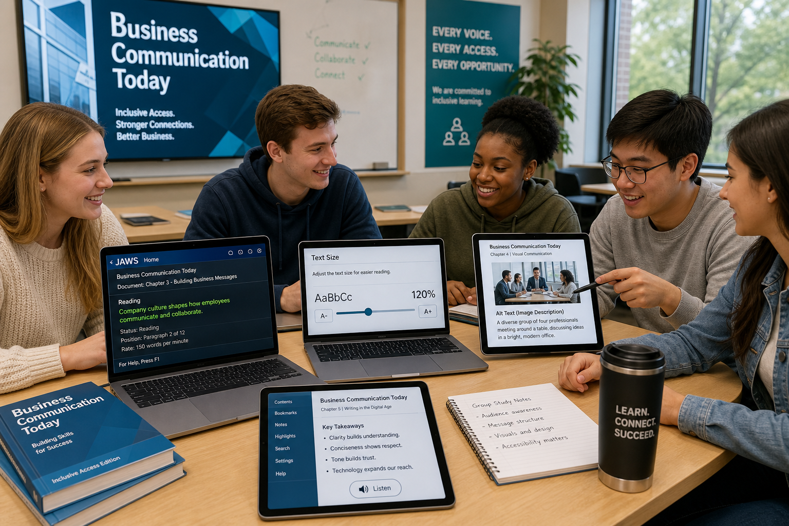 A diverse group of students uses the digital Business Communication Today textbook with visible accessibility features such as screen readers and adjustable text sizes, illustrating business communication accessibility standards in practice.