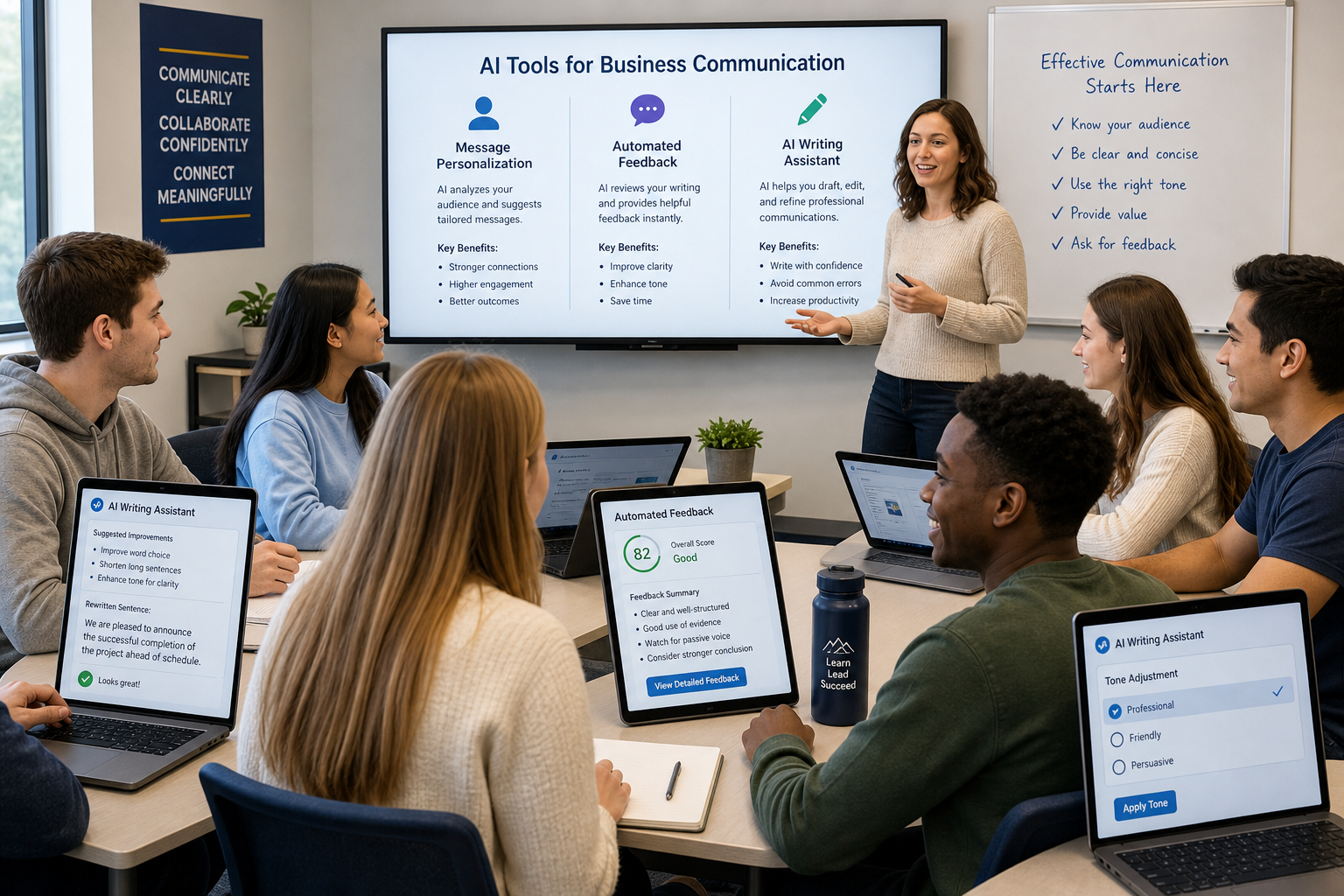 Key Features of Business Communication Today - Photograph of a diverse business communication classroom with digital dev