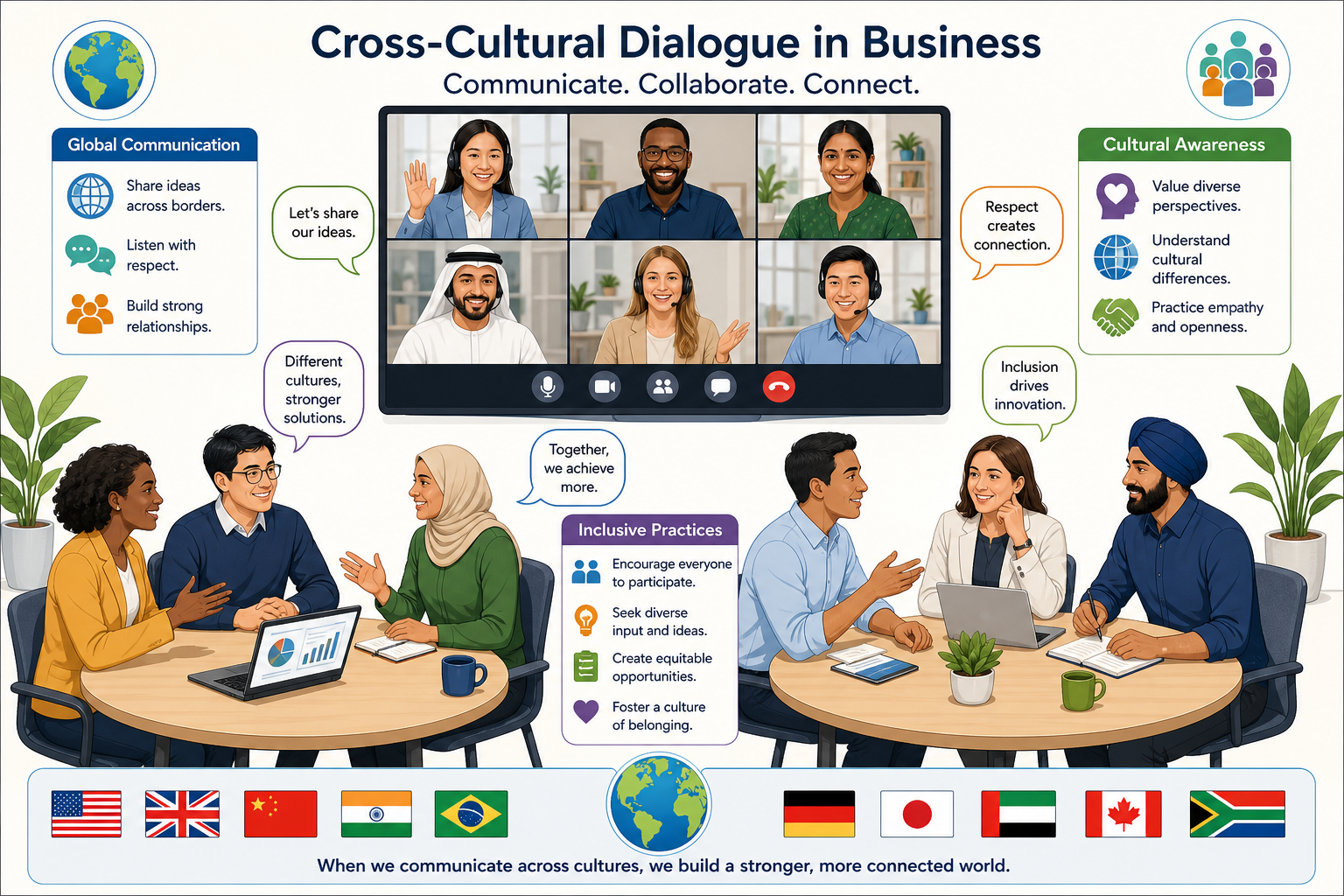 Key Features of Business Communication Today - Illustration of business professionals from different backgrounds collabo