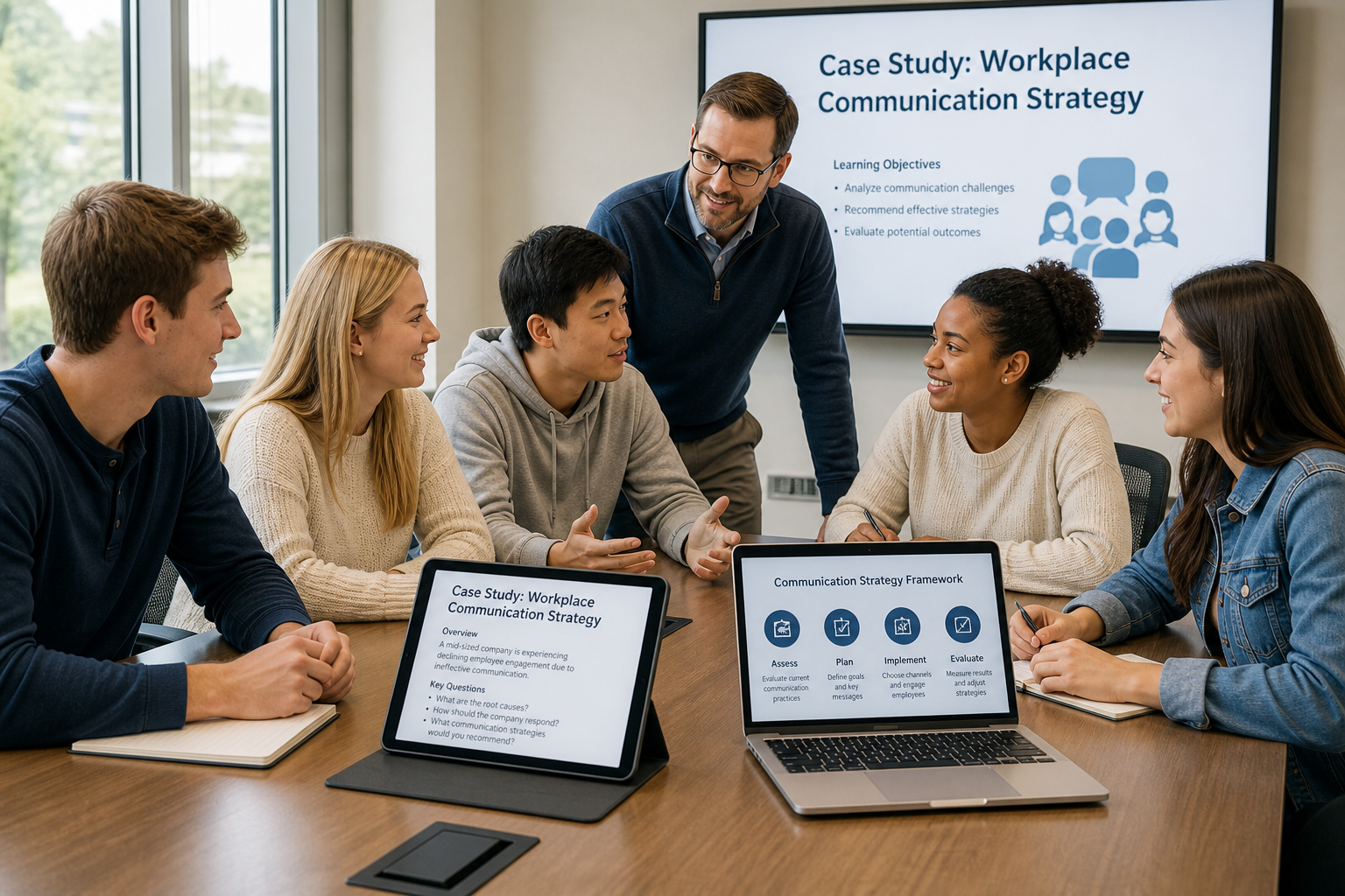 Improve Student Learning Outcomes - Photograph of a diverse student group collaborating on a business communication case
