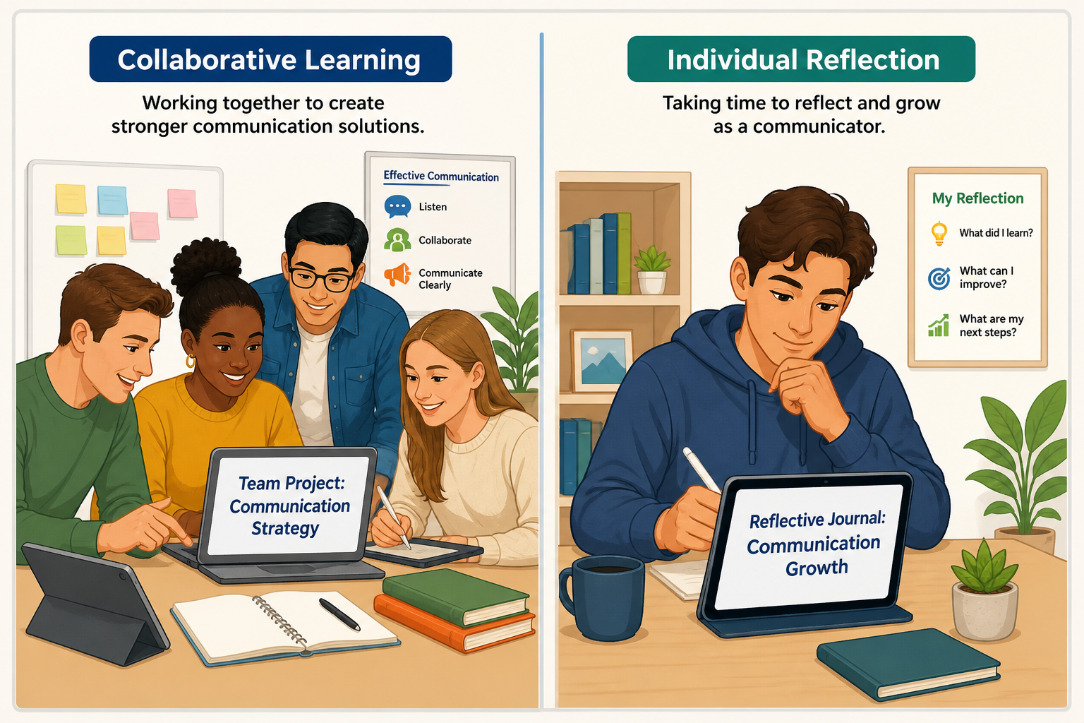 Improve Student Learning Outcomes - Illustration showing a diverse team working on a communication project and a student