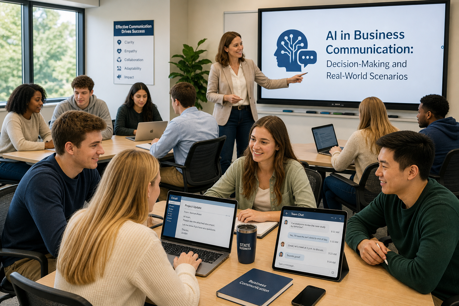 Business Communication Today Align - A diverse group of students collaborates in a business communication classroom, ana