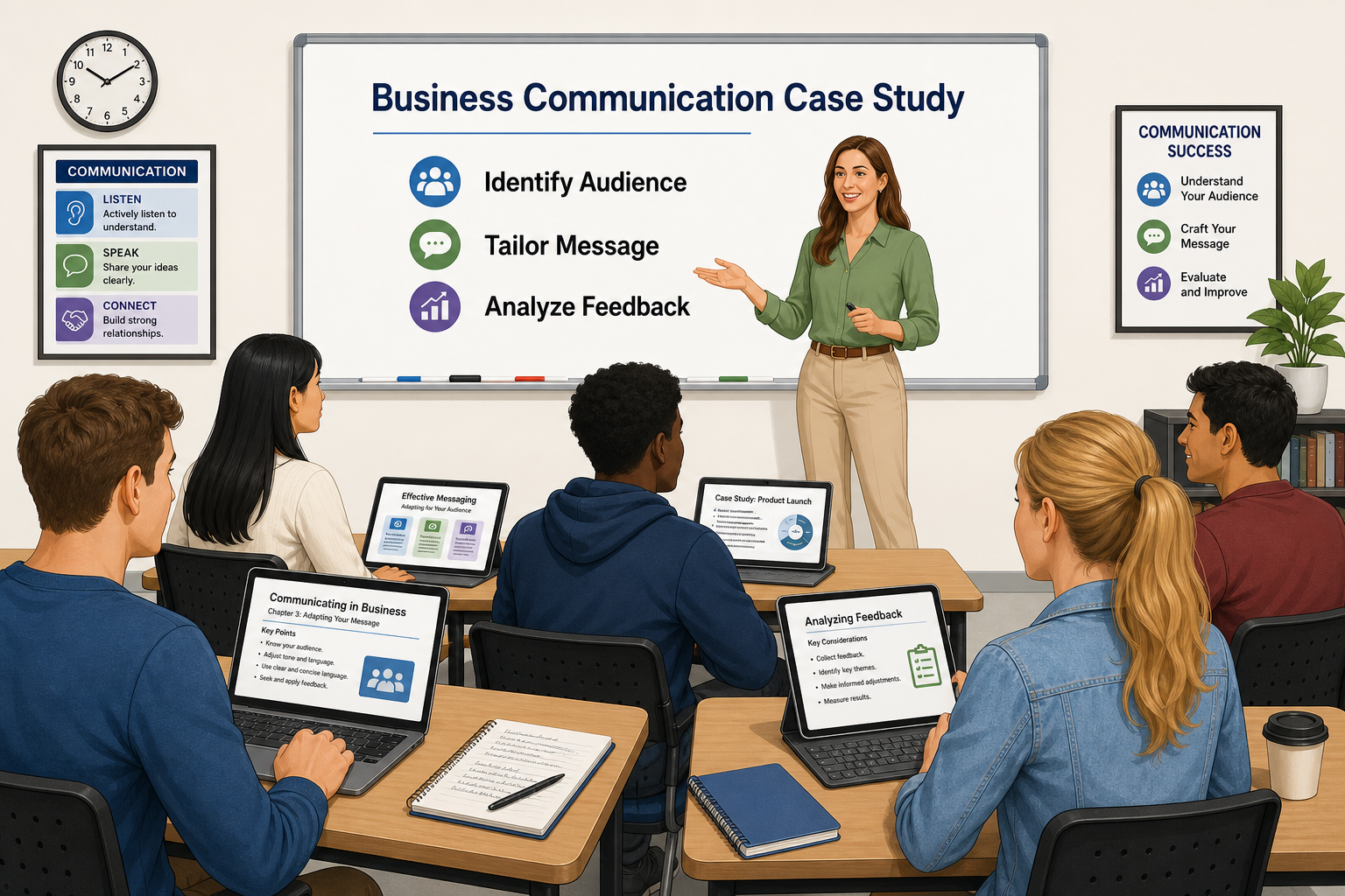Real-world Examples of Business Communication - Illustration of an instructor teaching business communication by present