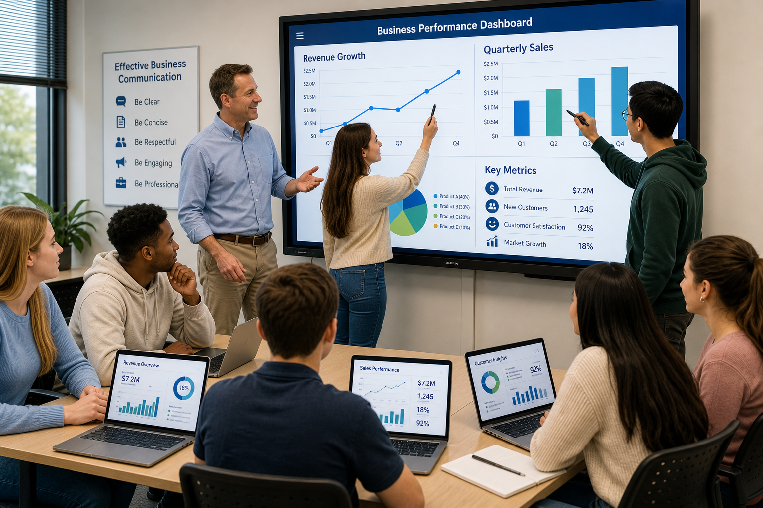 Business Communication Today Visual Techniques - Photograph of a diverse classroom where students and an instructor inte