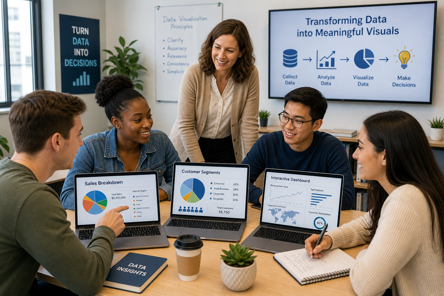 Business Communication Today Visual Techniques - Photograph of diverse students collaborating on interactive data dashbo