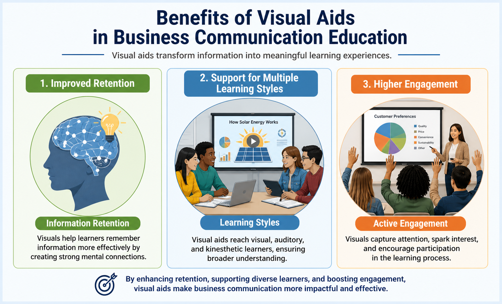 Business Communication Today Visual Techniques - Illustration showing the benefits of visual communication in Business C