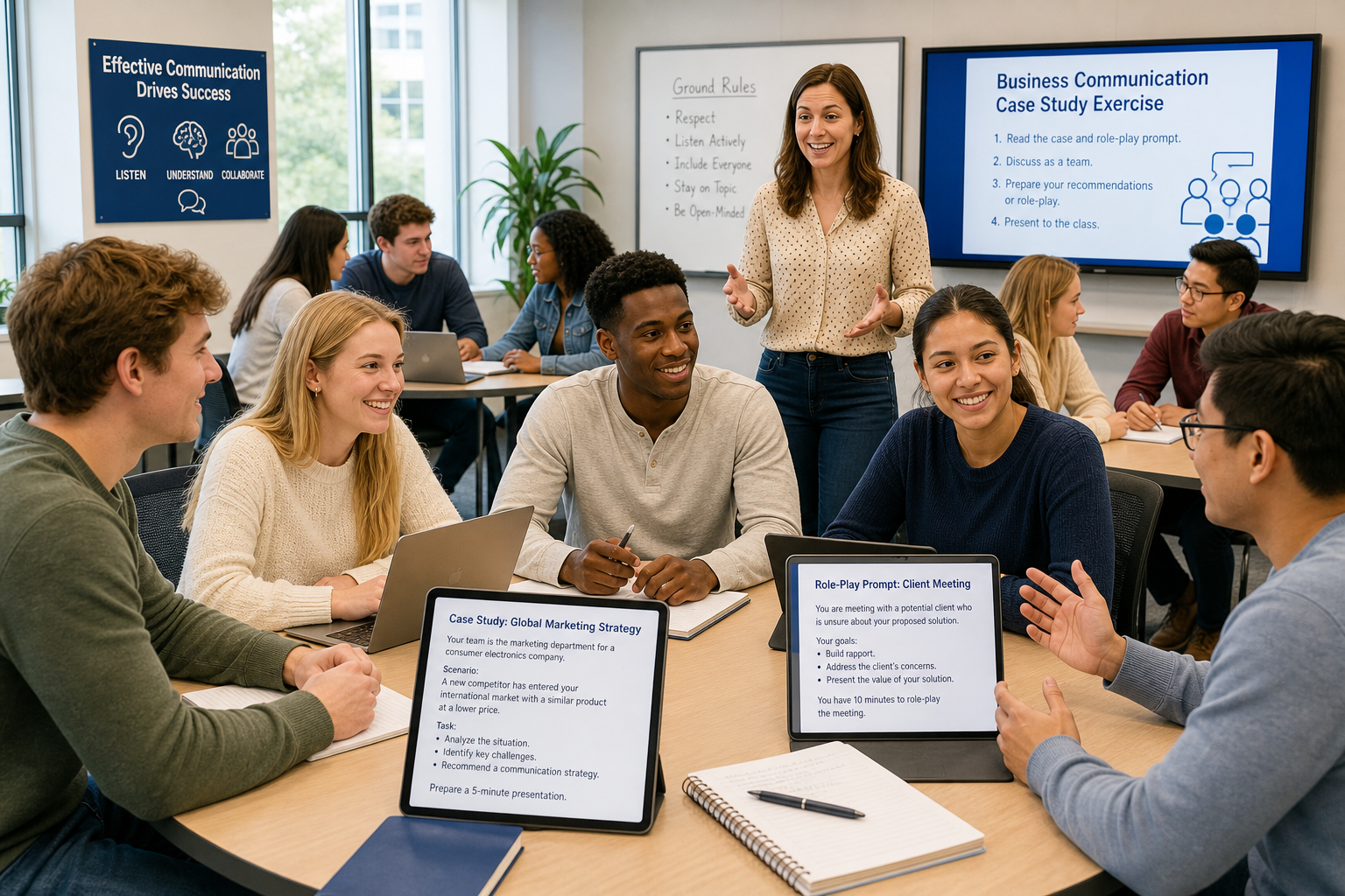 Modern Business Communication Course - Photograph of a diverse group of college students working together on a business