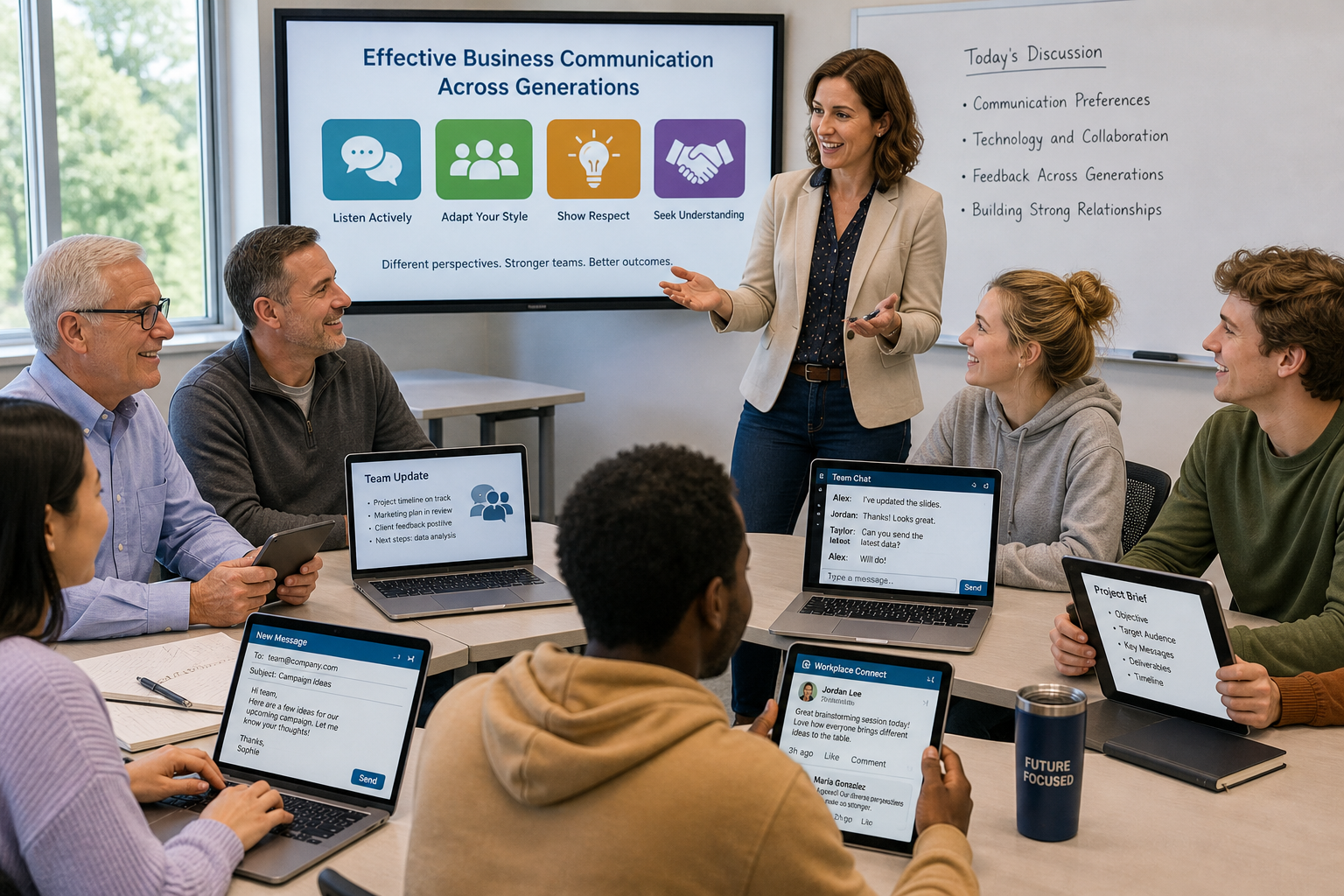 Generational Shifts in Business Communication - A modern classroom scene showing a diverse, multi-generational group of