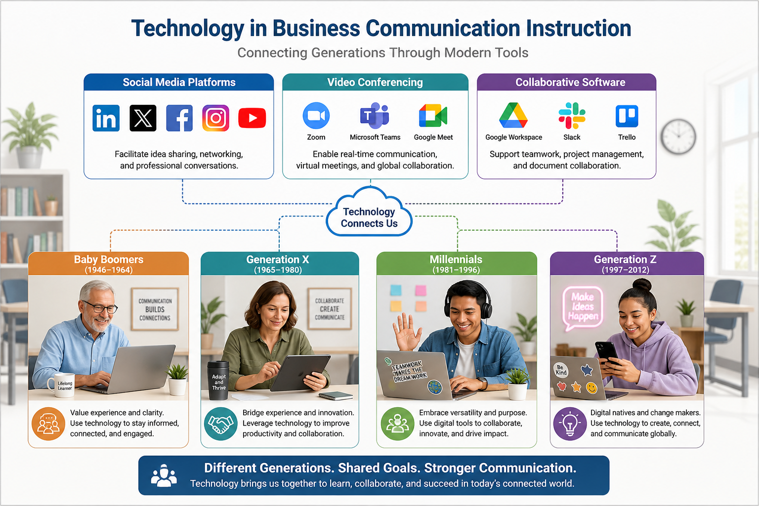 Generational Shifts in Business Communication - Illustration of diverse, multi-generational individuals connected by dig
