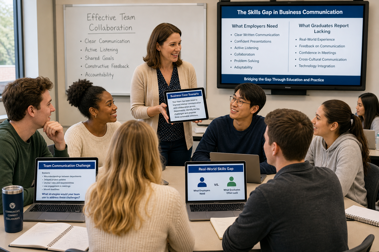 How Can We Close Gap Between - Photograph of a diverse college classroom where students and an instructor engage in a gr
