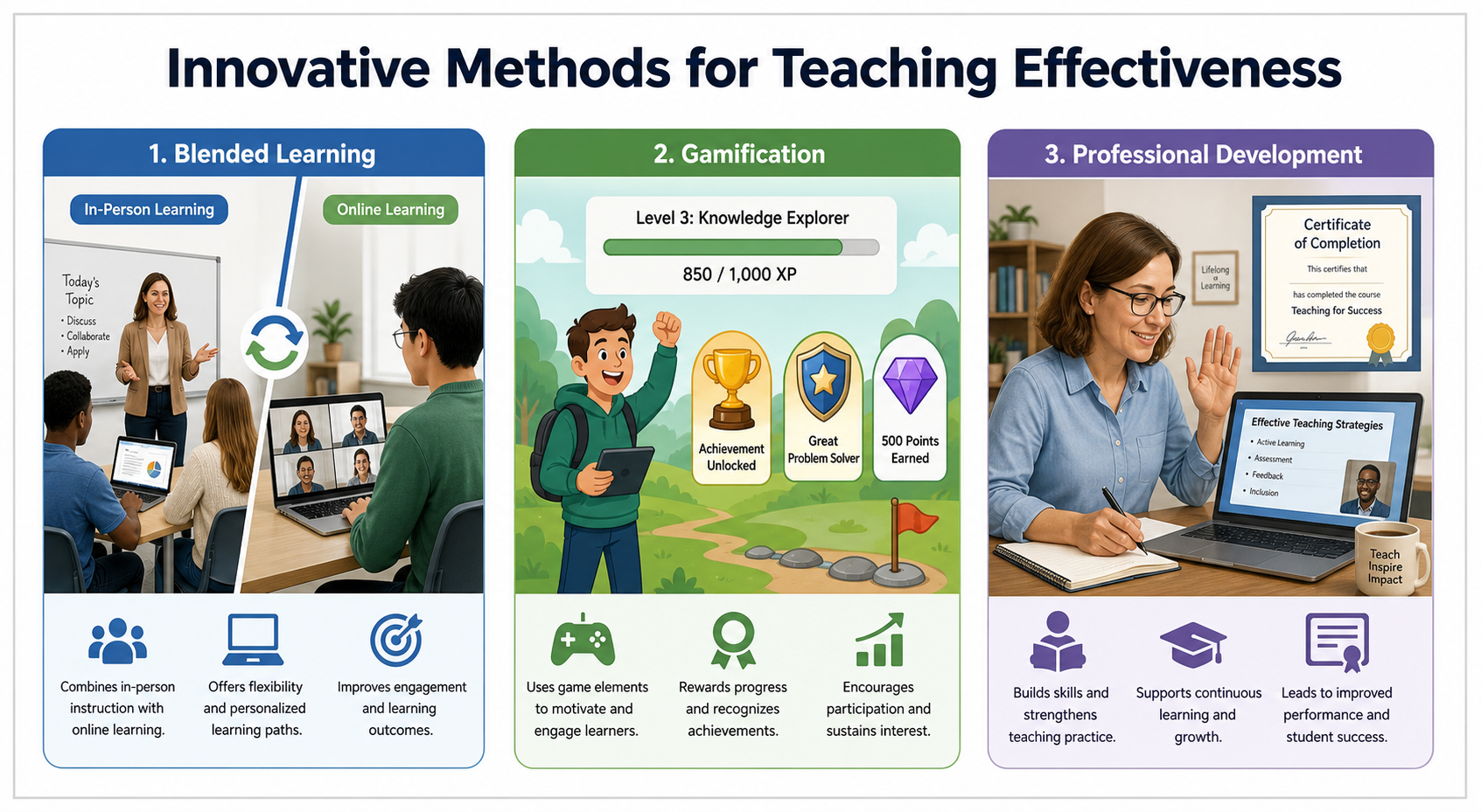 Improving Teaching Effectiveness - Illustration of three teaching innovations—blended learning, gamification, and profes