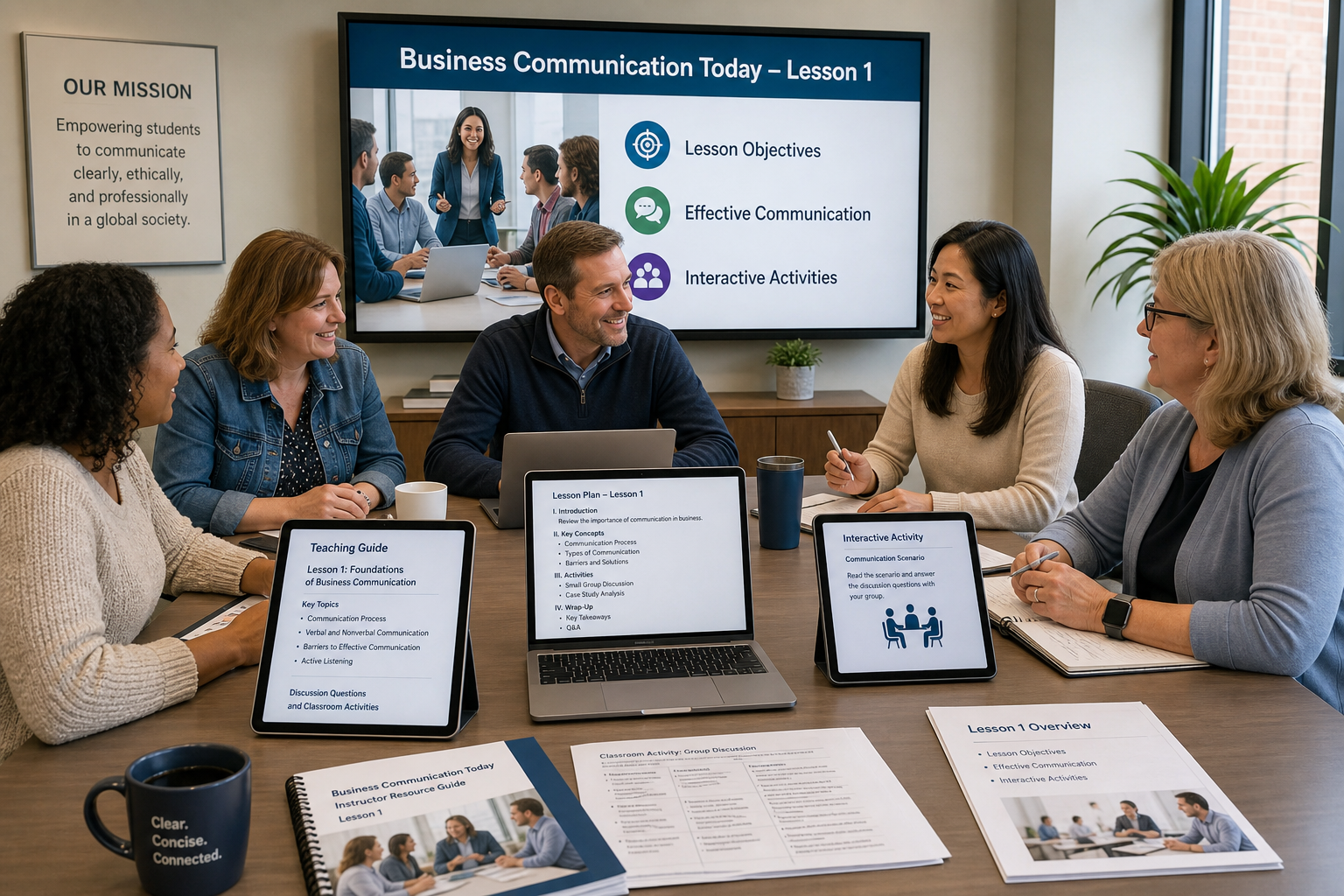 Photograph of diverse business communication instructors collaborating with teaching guides and presentation slides for Business Communication Today, demonstrating the use of instructor support materials.