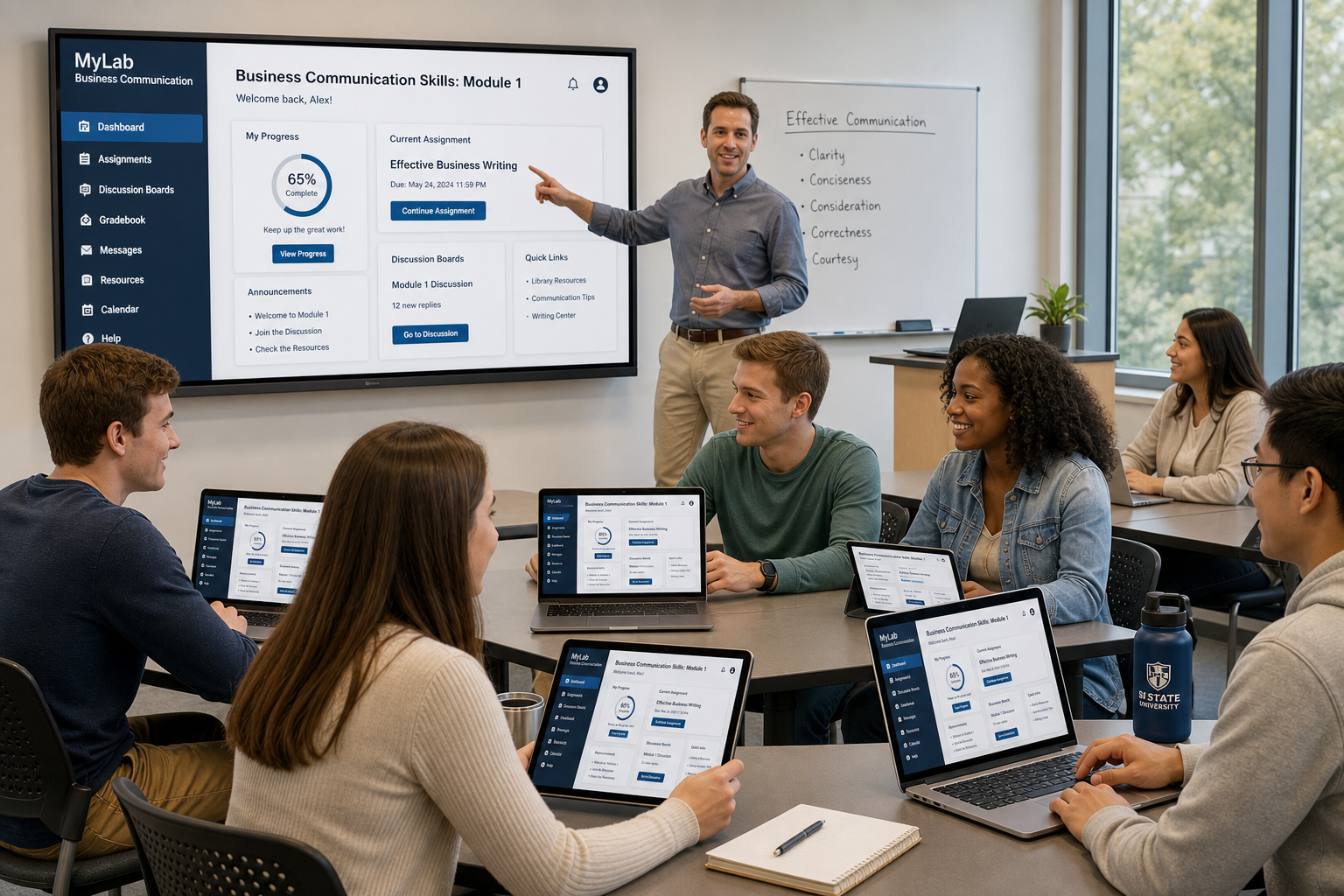Challenges in Teaching Business Communication - A diverse group of students and their instructor use laptops and a digit