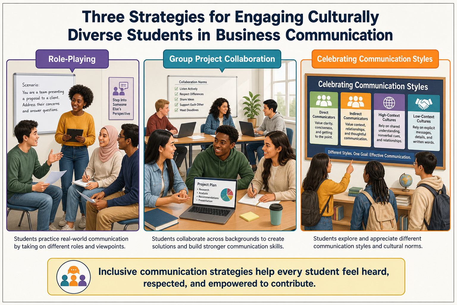 Challenges in Teaching Business Communication - Illustration showing students from various backgrounds participating in