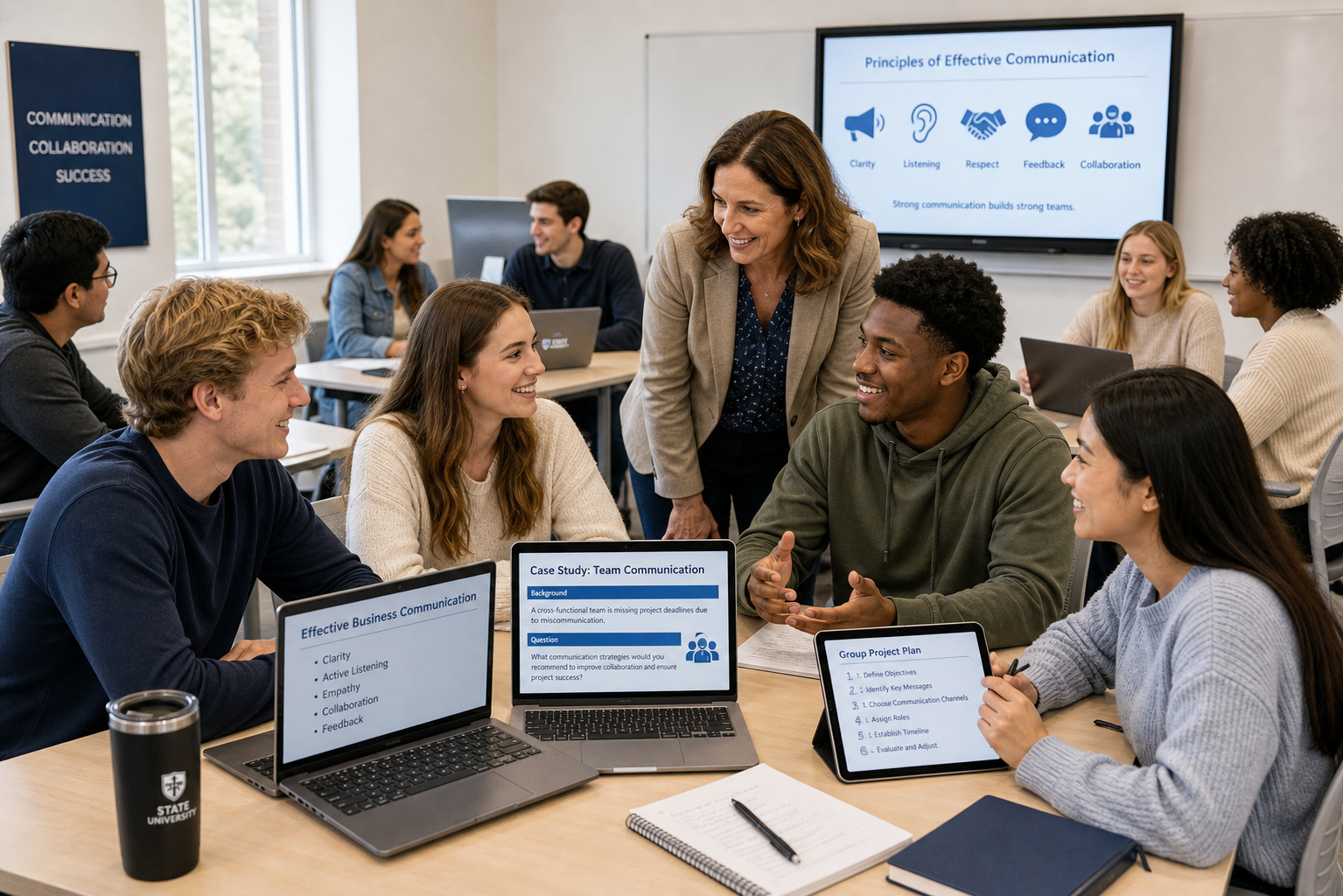 Communication Challenges in Courses - Photograph of a diverse group of students and an instructor collaboratively engagi