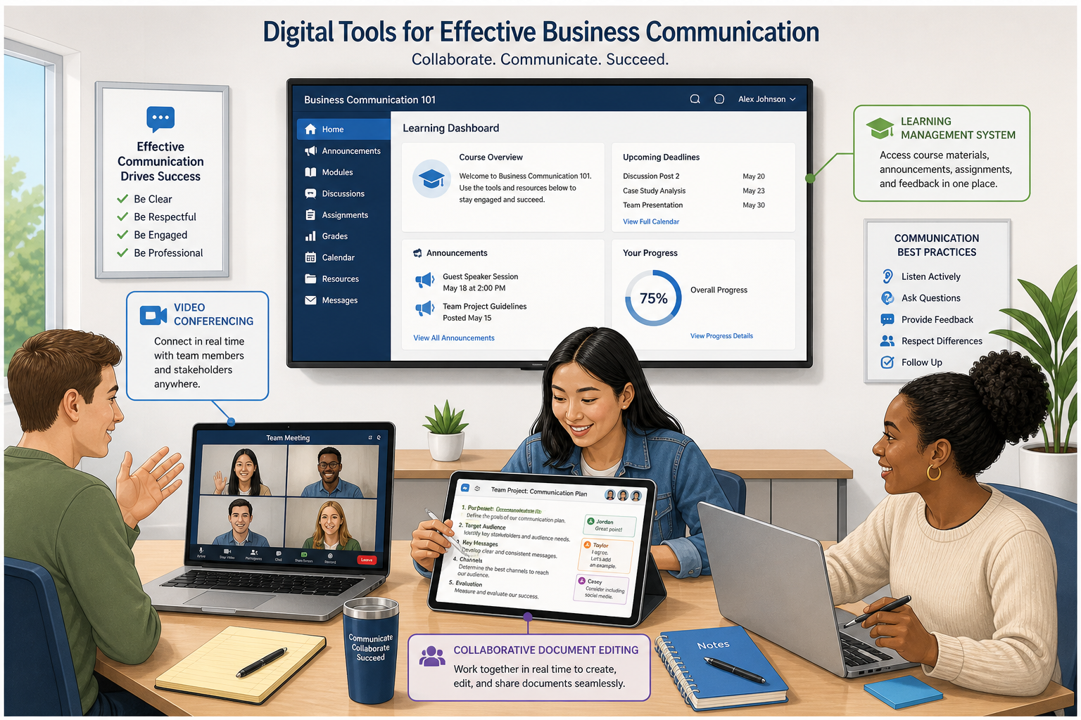 Communication Challenges in Courses - Illustration of students using video conferencing, collaborative editing, and a le