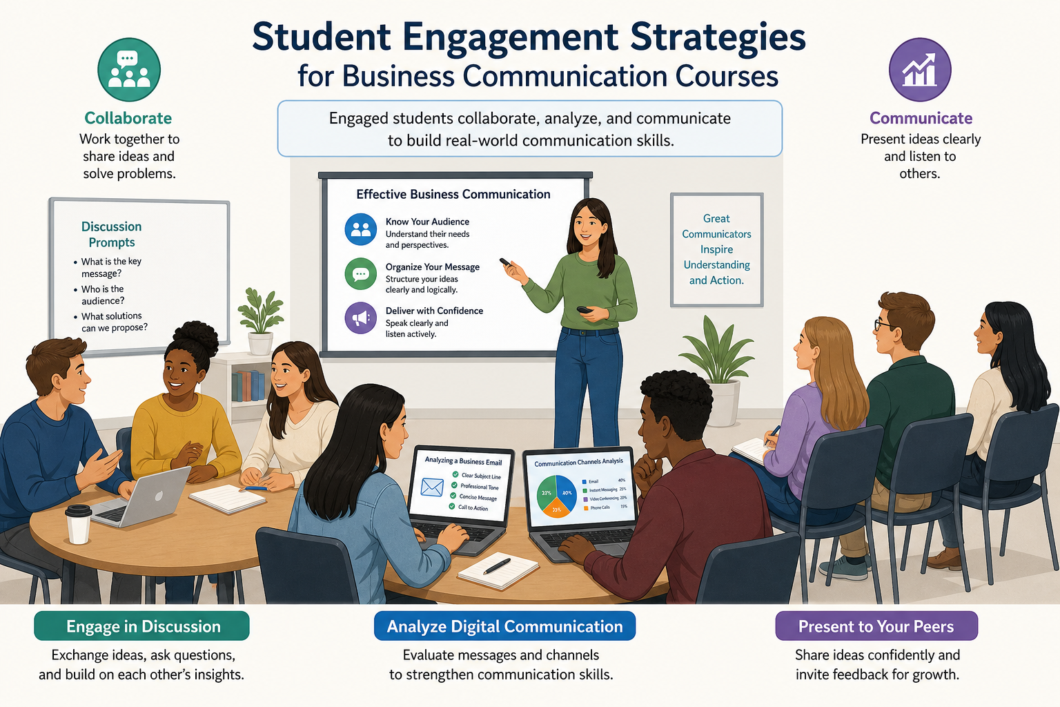 Communication Challenges in Courses - Illustration of engaged students participating in group discussions, digital analy