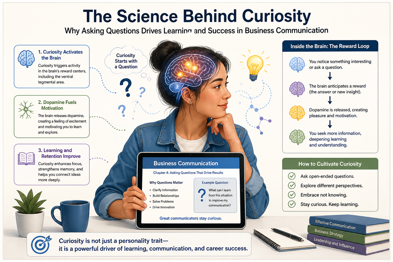 Curiosity Advantage in Business Communication - Illustration showing a student engaged with digital course material and